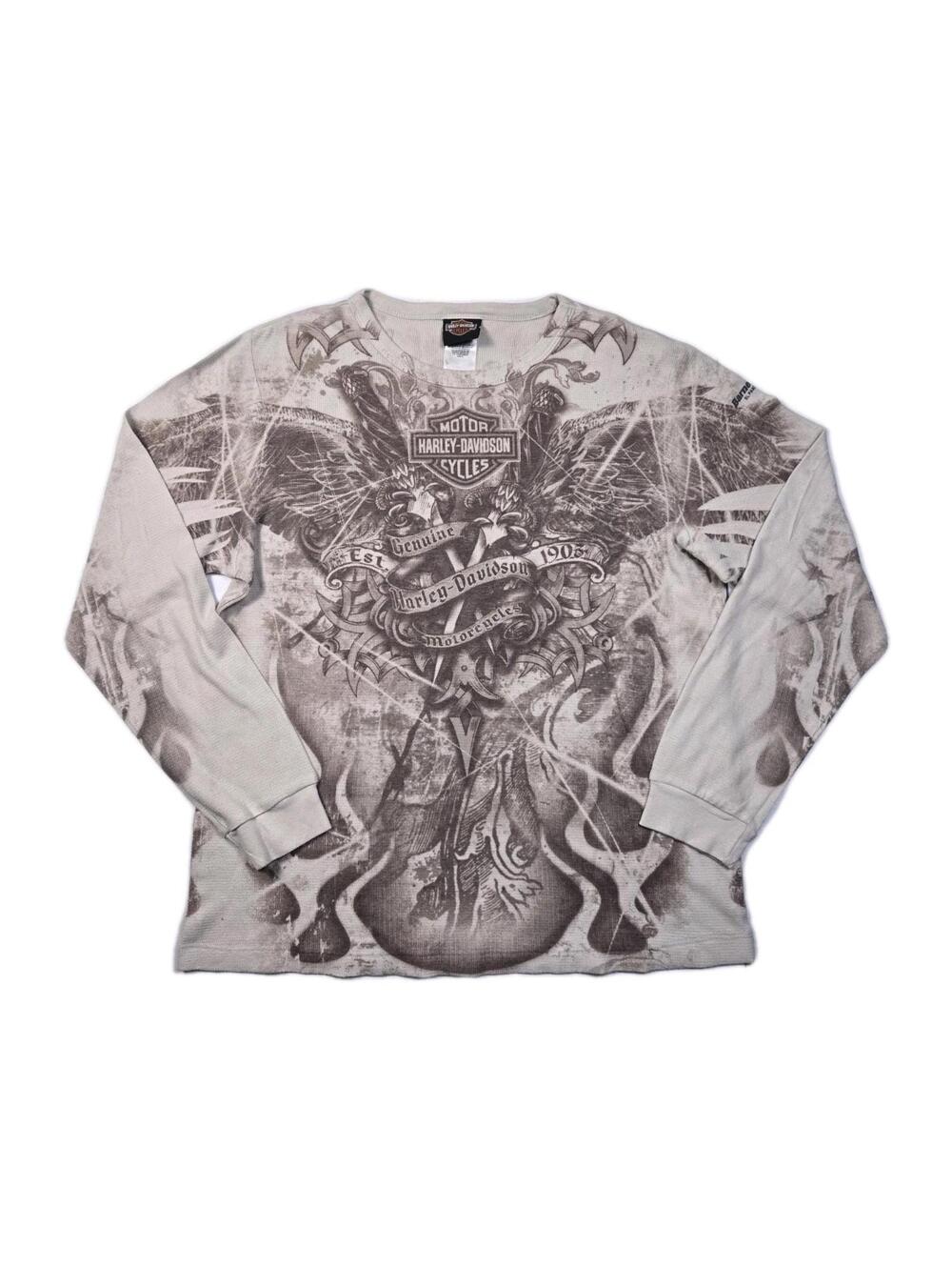 VTG Harley Davidson - Brown Flame Waffle Knit Themal Long Sleeve Shirt - Mens XL
